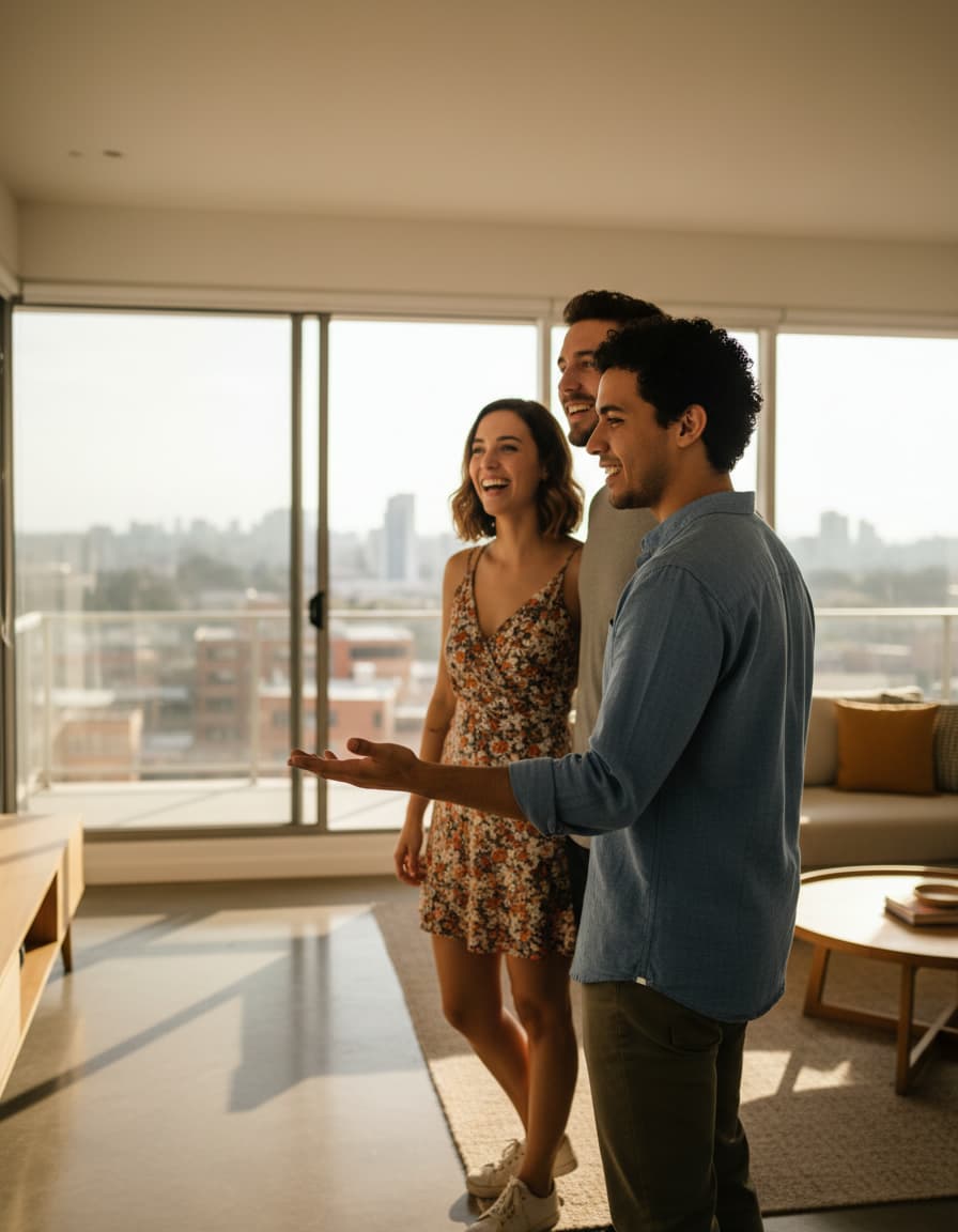 Asesor inmobiliario mostrando un apartamento a una pareja joven