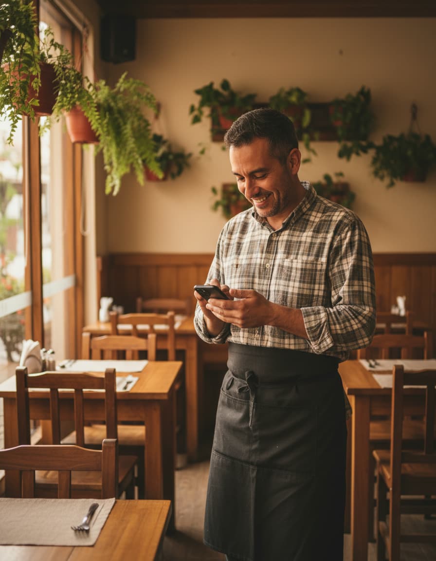 Dueño de un restaurante revisando pedidos desde su celular