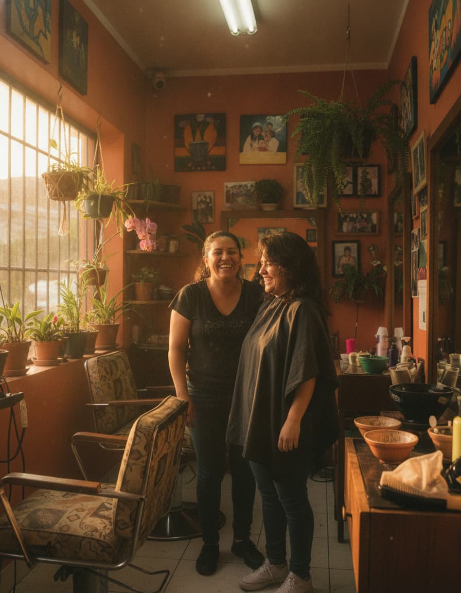 Dueña de un salón de belleza junto a una clienta feliz