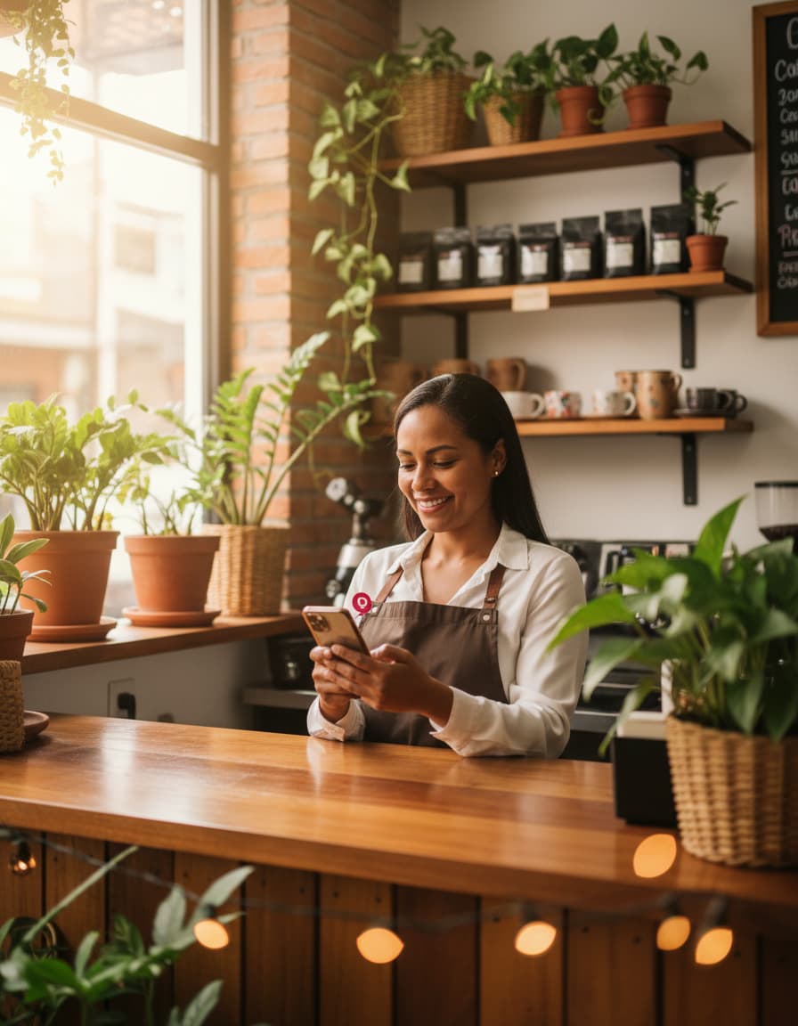 Dueña de una cafetería atendiendo un pedido desde su celular