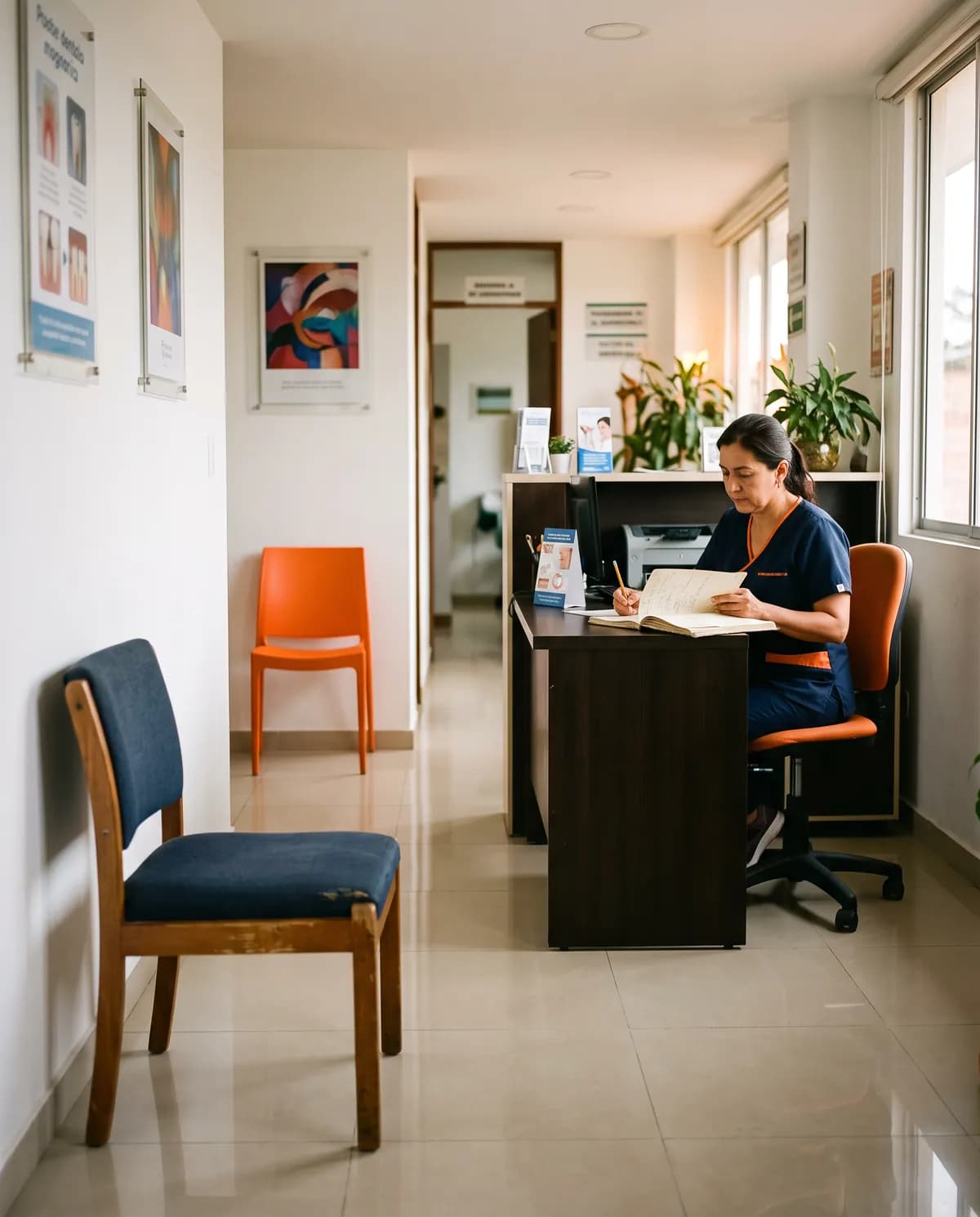 Recepción de una clínica odontológica con una silla de espera vacía y la recepcionista revisando una agenda de papel