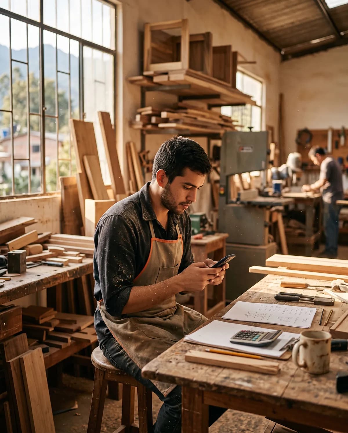 Dueño de un taller de muebles revisa su celular en el escritorio con cotizaciones impresas
