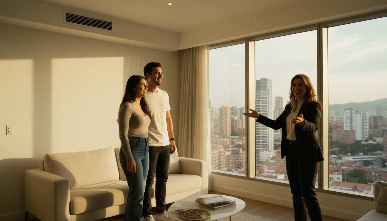 Asesor inmobiliario mostrando un apartamento a una pareja joven