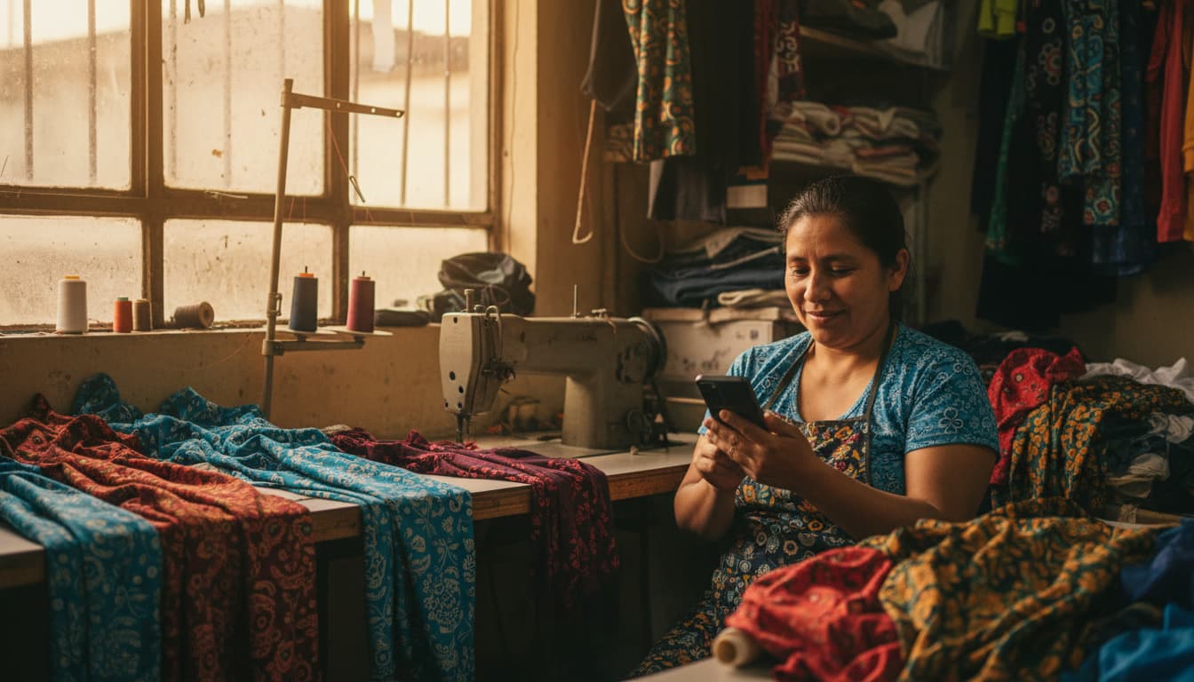 Emprendedora de un negocio textil revisando pedidos de ropa desde su celular